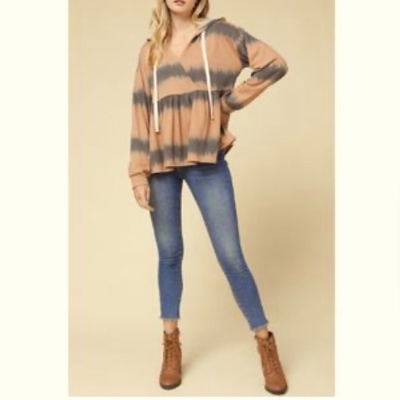 entro Tops - NWT Entro Boutique Brand Camel Tie Dye Hooded Tunic Sweatshirt Size Large